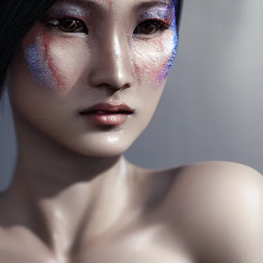 Prompt: asian - european woman closeup face portrait, face covered with chrome liquidy stripes ethereal, futuristic, highly detailed face, elegant pose, intricate, beeple cgsociety, extremy detailed, cgsociety, unreal engine, octane render, highly detailed 4 k art