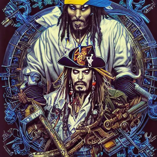 Image similar to portrait of crazy jack sparrow, symmetrical, by yoichi hatakenaka, masamune shirow, josan gonzales and dan mumford, ayami kojima, takato yamamoto, barclay shaw, karol bak, yukito kishiro