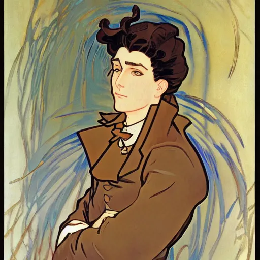 Prompt: painting of grumpy handsome anime maid man in a maid outfit, elegant, clear, painting, stylized, art, art by alphonse mucha, vincent van gogh, egon schiele,