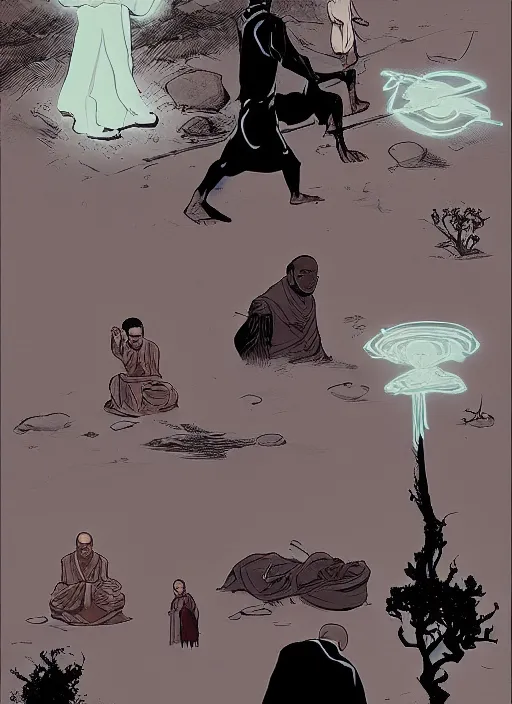 Image similar to Monk guiding a Lost Soul through Limbo, in the Style of Tomer Hanuka and Mike Mignola, trending on artstation