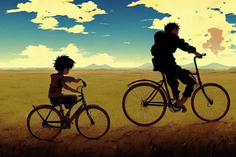 Prompt: a boy riding his bike alone through the plains of rural japan, high intricate details, rule of thirds, golden ratio, cinematic light, anime style, graphic novel by fiona staples and dustin nguyen, by beaststars and orange, peter elson, alan bean, studio ghibli, makoto shinkai