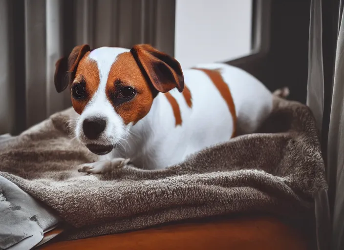 Image similar to photography of a Jack Russel . watching outside the window. on a bed. in a vintage room full of vinyls and posters.,volumetric light, photorealistic,, award winning photo, 100mm, sharp, high res