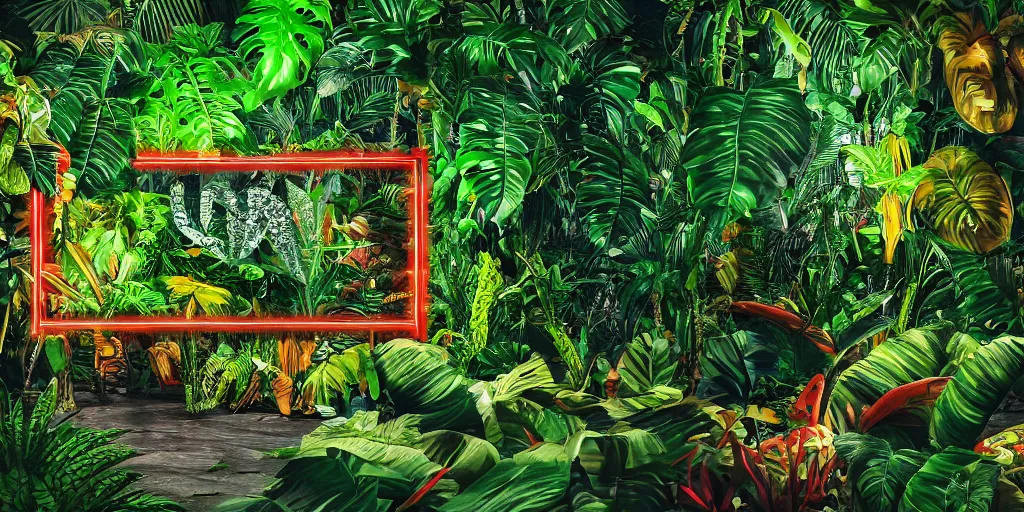 Prompt: Amazonian jungle with tropical plants and leaves falling from tree and a rectangular colorful neon frame placed in the center , unreal 5, hyperrealistic, realistic, photorealistic, dynamic lighting, highly detailed, cinematic landscape, studio landscape, studio lighting