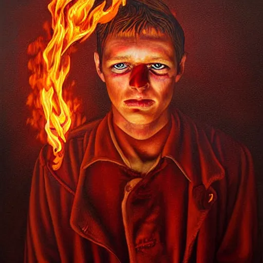 Prompt: a hyper realistic painting of a young fire - man, all body covered with a fire, by jeffrey smith, by andrea kowch