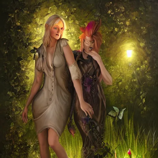 Image similar to blonde butch tomboy woman engineer standing beside taller dark fae feathered modest gothic woman, in a beautiful lush garden at night, falling in love, highly detailed, romantic, trending on art station, illustration, oil painting