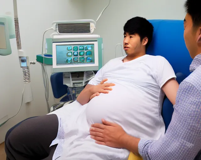 Prompt: Photograph of a heavily pregnant handsome!!! young Asian man in his 20s getting an ultrasound at the hospital, high quality image