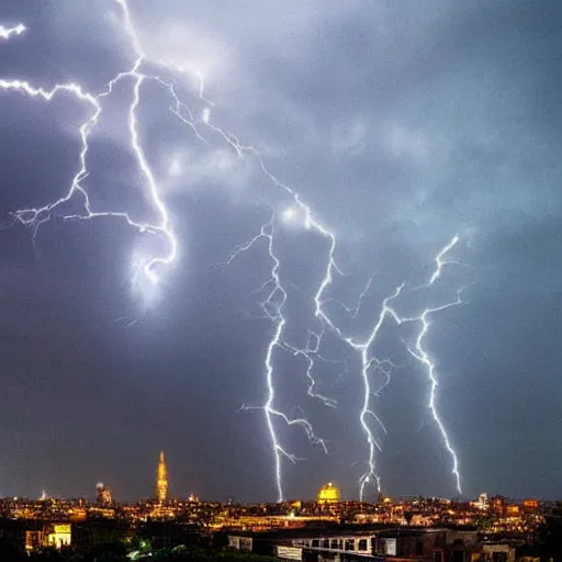 Image similar to a gigantic diety, towering over a city, during a thunderstorm,