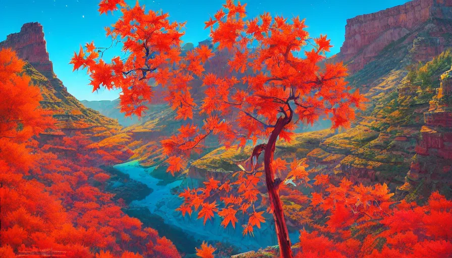 Prompt: single red maple tree growing in grand canyon, stream, tristan eaton, victo ngai, artgerm, rhads, ross draws, highly detailed, masterpiece