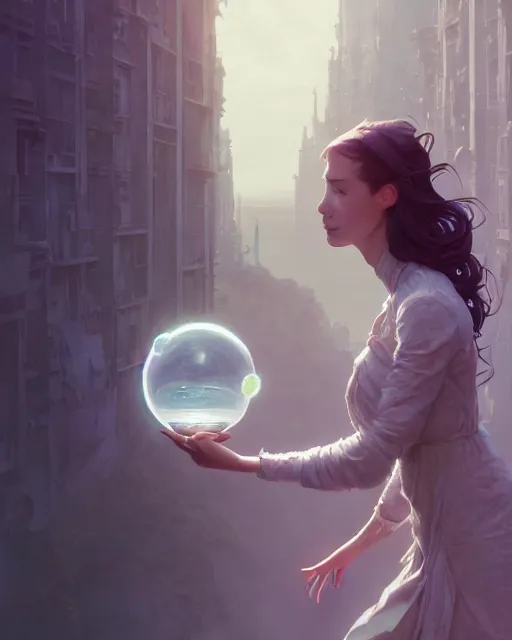 Image similar to highly detailed vfx woman holding a sphere of water in her hands, stephen bliss, unreal engine, greg rutkowski, loish, rhads, beeple, makoto shinkai and lois van baarle, ilya kuvshinov, rossdraws, tom bagshaw, alphonse mucha, global illumination, detailed and intricate environment