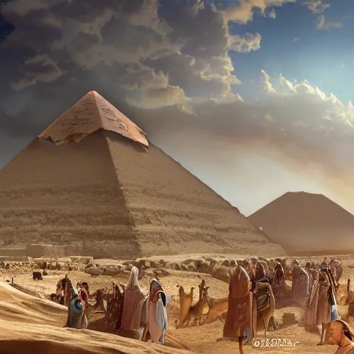 Image similar to Matte painting of Exodus from Egypt. Large crowds of people in Biblical outfits walking in the desert. Pyramids behind. Large pillar of cloud leading the way, detailed digital art trending in artstation