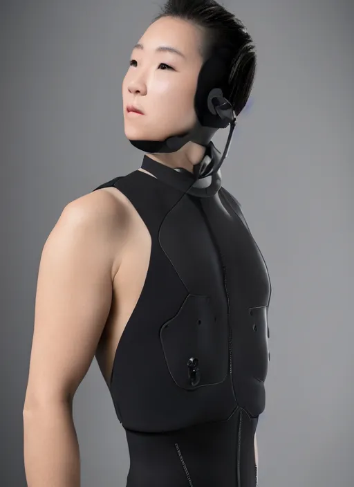 Prompt: Close upper body shot. Artistically angled subject. Professional studio portrait lighting. Technological fashion photography. Model wearing business casual attire dress-shirt. Mechanical matte black wearables designed by Ikeuchi Hiroto inspired by SCUBA gear. Hydraulics. Reflective domes. Bulky wearables. Receiver Antennae.