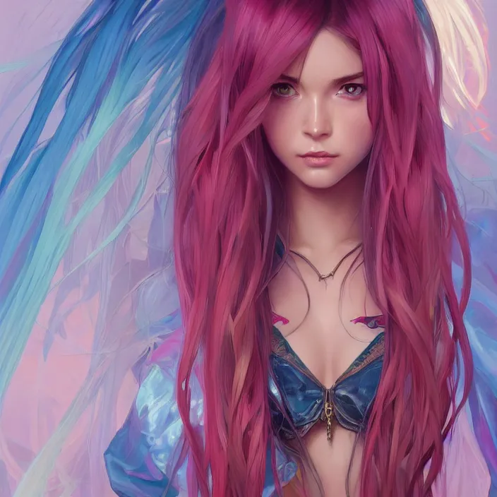 Image similar to portrait of beautiful symmetrical anime girl, rainbow hair, attractive, casual, modern, victoria's secret, highly detailed, digital painting, artstation, concept art, smooth, sharp focus, illustration, art by artgerm, greg rutkowski and alphonse mucha, 8 k,