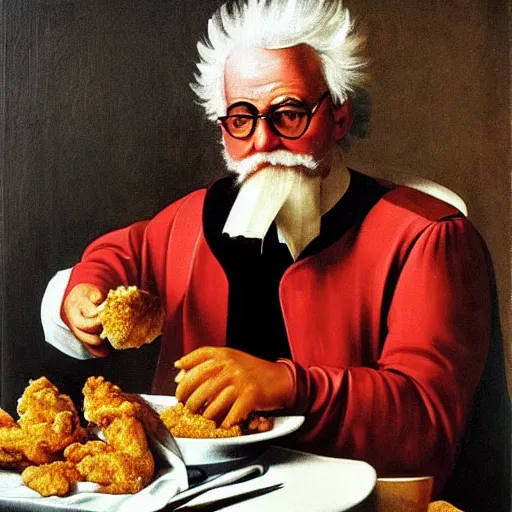 Image similar to Colonel Sanders eating fried chicken out of a red bucket. Painted by Caravaggio, high detail