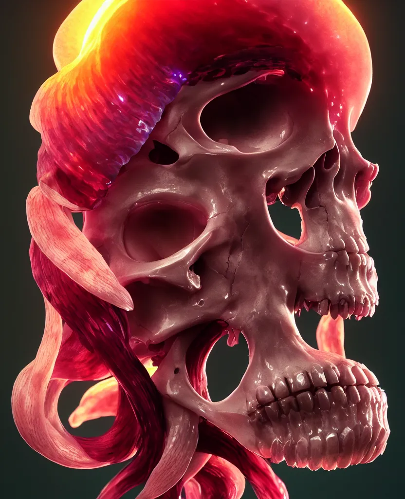 Image similar to goddess close - up portrait human skull, ram skull, squid phoenix jellyfish, orchid, betta fish, bioluminiscent, intricate artwork by tooth wu and wlop and beeple. octane render, trending on artstation, greg rutkowski very coherent symmetrical artwork. cinematic, hyper realism, high detail, octane render, 8 k