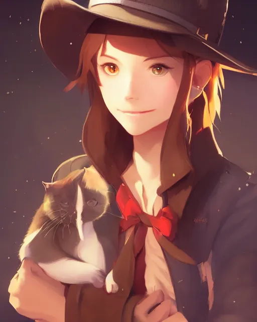 Image similar to a very cute cowgirl wearing a cat hat, medium shot, ambient lighting, visible and detailed face, by makoto shinkai, stanley artgerm lau, wlop, rossdraws