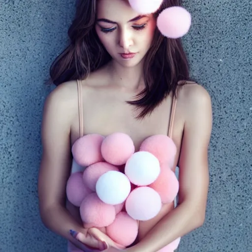 Prompt: portrait of a cute girl body with light and soft pink and white fluffy balls floating in image, fashion photography, highly detailed, digital photography, shot on iphone 1 3 pro