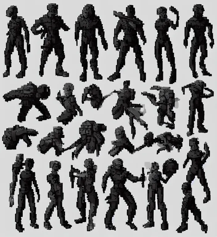 Prompt: monochromatic color scheme!! game asset of action poses, human anatomy pixel art, in the style of richard schmidbauer, autumn rain turkel, rick dai, yolie leif, adam moore, kitbash, military, contra, call of duty, battlefield, contra, artstation, pinterest, deviantart, aseprite, photoshop,