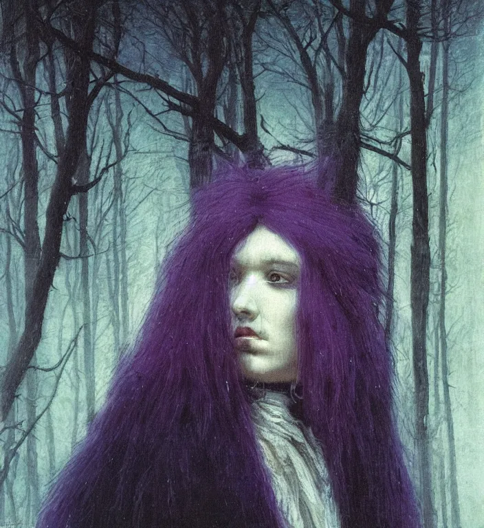 Prompt: extreme closeup portrait of a beautiful white raven woman with long white hair in the winter forest red and purple palette, volume light, fog by caspar david friedrich by ( h. r. giger ) and paul lehr