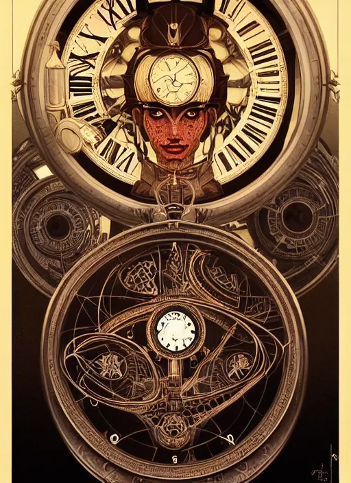 Prompt: symmetry!! portrait of clockface alien in the style of, clocks and machine face, intricate, elegant, highly detailed, digital painting, artstation, concept art, smooth, sharp focus, illustration, art by artgerm and greg rutkowski and alphonse mucha, 8 k