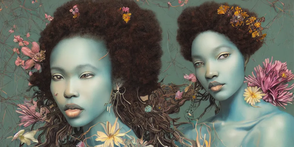 Prompt: breathtaking detailed concept art painting blend of two afroamerican goddess of light blue flowers by hsiao - ron cheng with anxious piercing eyes, vintage illustration pattern with bizarre compositions blend of flowers and fruits and birds by beto val and john james audubon, exquisite detail, extremely moody lighting, 8 k