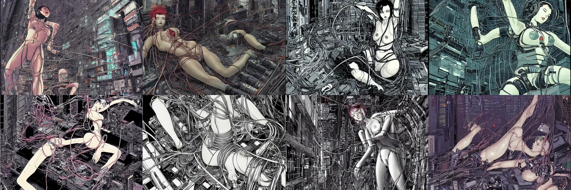 Prompt: an intricate, awe inspiring cyberpunk illustration of a female android body lying open on a labor floor, wires and cables coming out, by masamune shirow and katsuhiro otomo