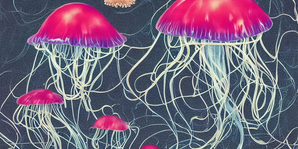 Image similar to full color page scan of various vintage jelly fish illustrations on black background, in matte painting, 2 d, kitbash, 4 k