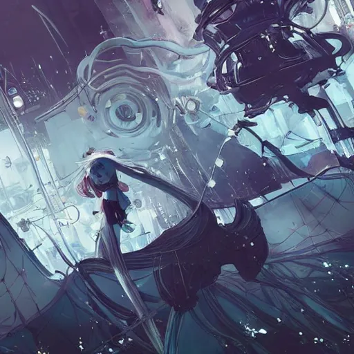 Prompt: white and teal colors. highly detailed post-cyberpunk sci-fi utility poles in style of cytus and deemo, mysterious vibes, by Akihiko Yoshida, by Greg Tocchini, nier:automata, set in half-life 2, beautiful with eerie vibes, very inspirational, very stylish, surrealistic, perfect digital art, mystical journey in strange world, bastion game