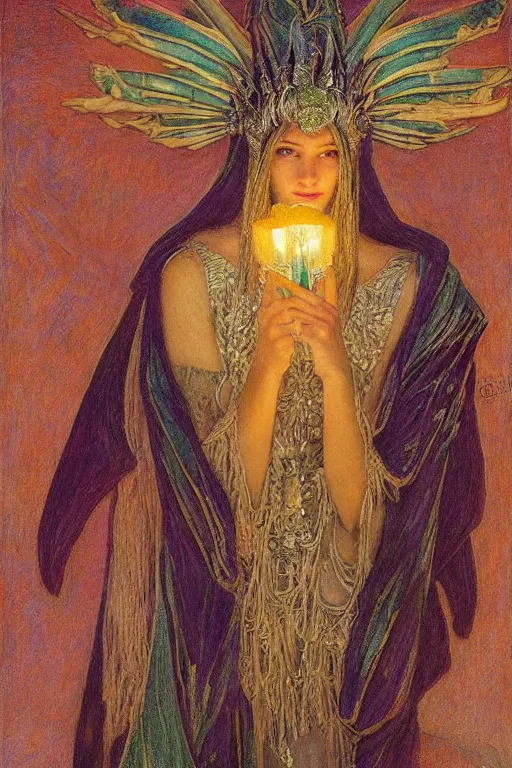 Prompt: queen of twilight with her lantern, by jean delville and Annie Swynnerton and Diego Rivera and Gaston Bussière and Tino Rodriguez , elaborate headdress and embroidered velvet, iridescent beetles, rich color, dramatic cinematic lighting, extremely detailed