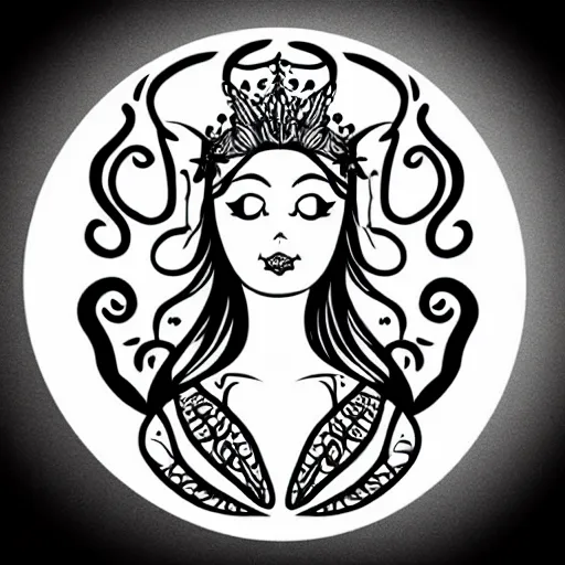 Image similar to a peaceful meditative mermaid wearing a crown, full body, symmetrical, highly detailed black and white new school pinup tattoo design