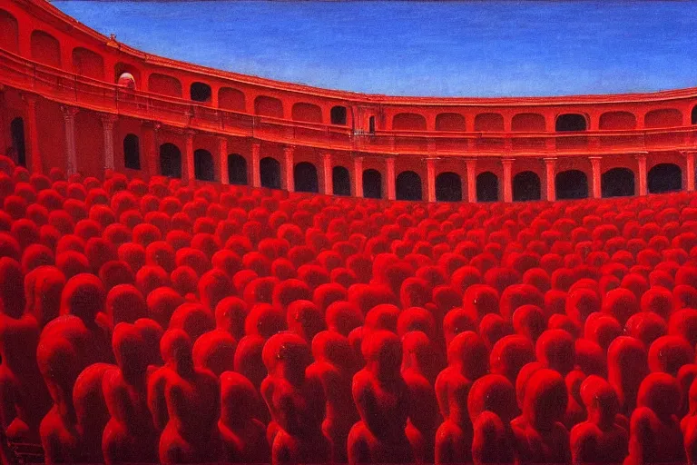 Image similar to only with red, a red great emperor, taormina amphitheatre, crowd with big smile, in the style of beksinski, parts by edward hopper, parts by rodcenko, parts by yue minjun, intricate and epic composition, red by caravaggio, insanely quality, highly detailed, masterpiece, red light, artstation, 4 k