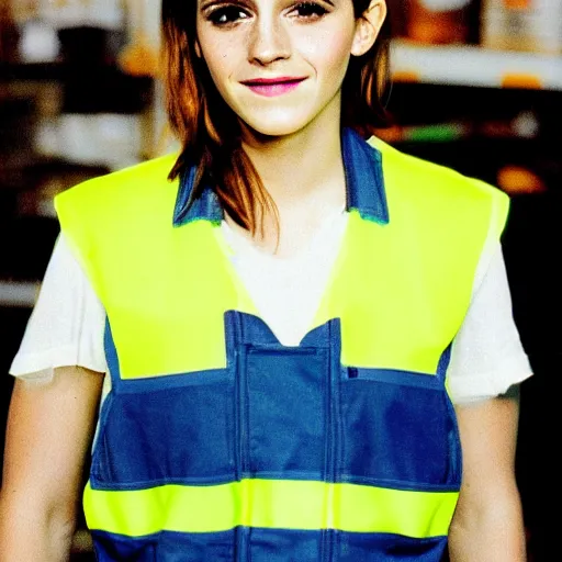 Image similar to photo, close up, emma watson in a hi vis vest, in amazon warehouse, portrait, kodak gold 2 0 0,