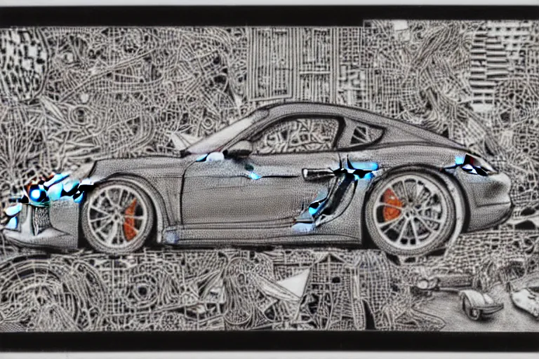 Image similar to a black and white drawing of a porsche cayman gt 4 rs, a detailed mixed media collage by hiroki tsukuda and eduardo paolozzi and moebius, intricate linework, sketchbook psychedelic doodle comic drawing, geometric, street art, polycount, deconstructivism, matte drawing, academic art, constructivism