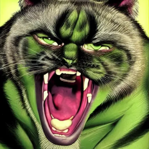 Image similar to hulk cat, big green muscular cat, demanding food from its owner