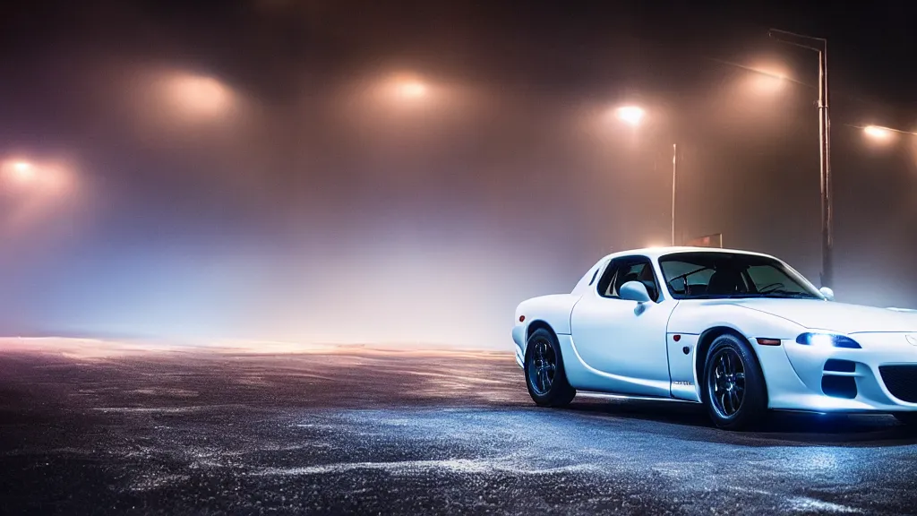 Image similar to a mazda rx - 7 with pop up headlights, cinematic, long exposure, white balance, 8 k, led, lumen global illumination, fog, ray tracing reflections