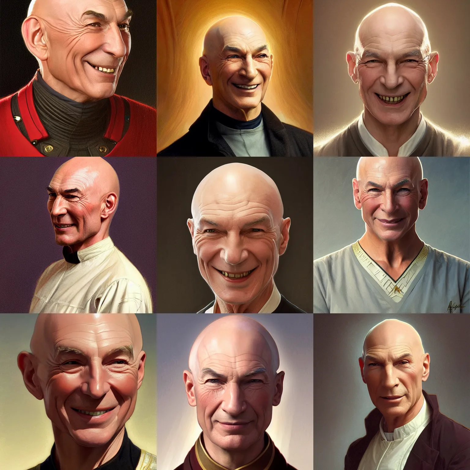 Prompt: jean luc picard toothy smile, intricate, elegant, highly detailed, digital painting, artstation, concept art, smooth, sharp focus, illustration, art by artgerm and greg rutkowski and alphonse mucha and william - adolphe bouguereau