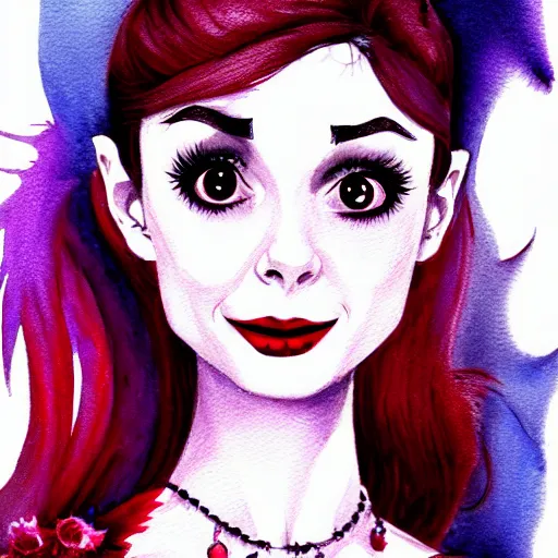 Image similar to an adorable vampire fairy inspired by audrey hepburn and kristen ritter, 8 k resolution whimsical watercolor pencil drawing, deviantart artstation