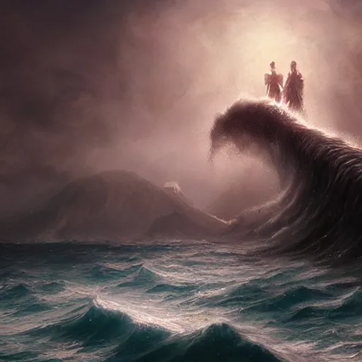 Image similar to tsunami attack, sea, epic fantasy style, in the style of Greg Rutkowski, mythology artwork