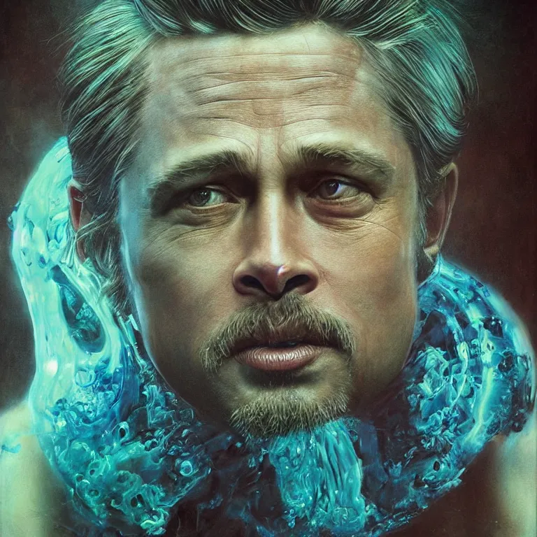 Prompt: Hyperrealistic intensely colored close up studio Photograph portrait of a deep sea bioluminescent Brad Pitt, symmetrical face realistic proportions eye contact, sitting in a lawn chair in his back yard, award-winning portrait oil painting by Norman Rockwell and Zdzisław Beksiński vivid colors high contrast hyperrealism 8k