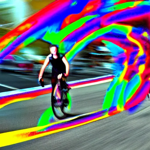 Prompt: a person riding a rocket-powered bicycle, hyper color styled photograph