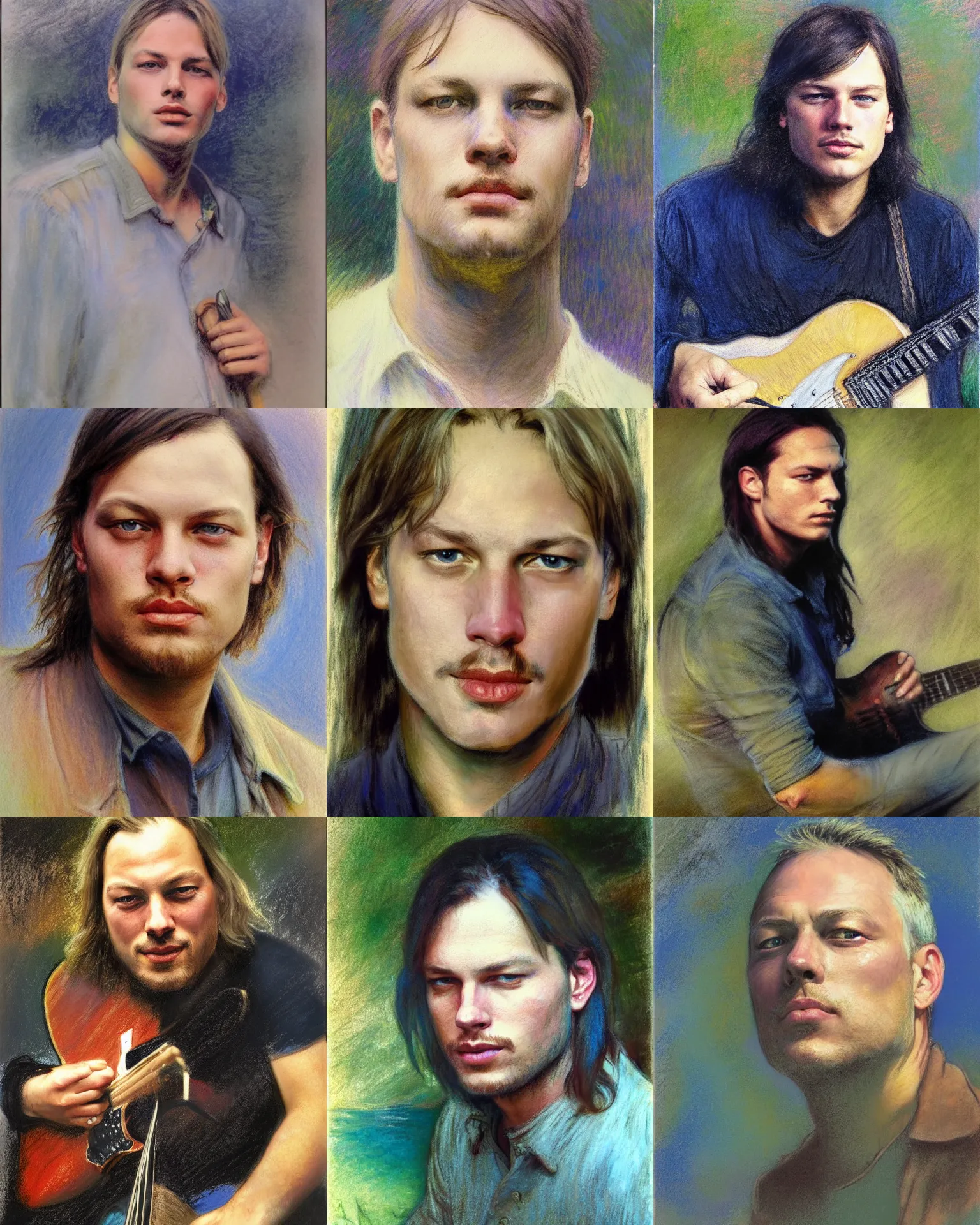 Prompt: david gilmour age 2 5, colored pastel, portrait plein air painting by richard schmid, thomas moran, frans hals, frank frazetta, craig mullens, alphonse mucha, fashion photography, kaleidoscope