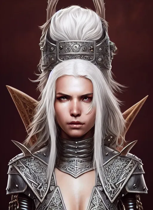 Image similar to warrior, leather armor!!! long wild white hair!! covered chest!!! fantasy, d & d, intricate ornate details, digital painting, pretty face!!, symmetry, concept art, sharp focus, illustration, art by artgerm! greg rutkowski magali villeneuve wlop! ilya kuvshinov!!, octane render