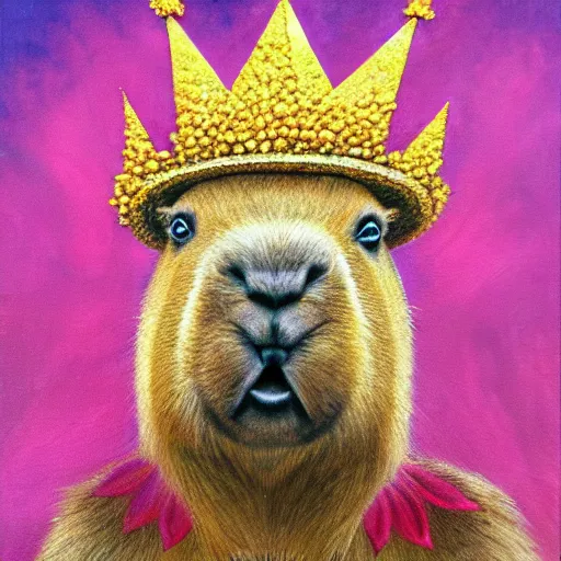 Image similar to anatomically correct capybara wearing a light pink cape and a encrusted golden crown, in a beautiful flower garden, oil painting