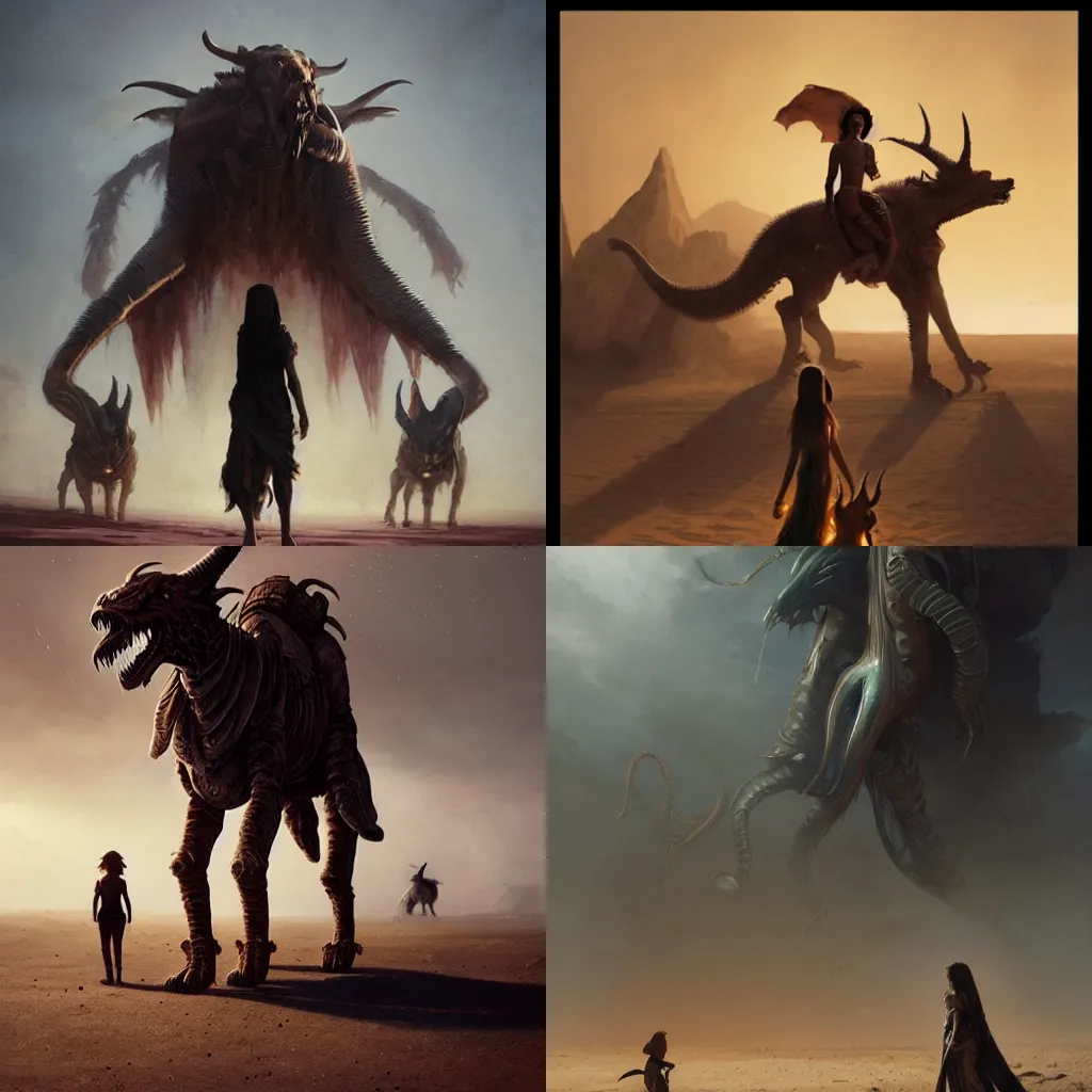 Prompt: a young, badass, desert nomad girl, standing next to her best friend, a large demonic beast standing on two legs, after an intense alien battle, art by Greg rutkowski, trending on artstation, 8k, cinematic, beautiful lighting.