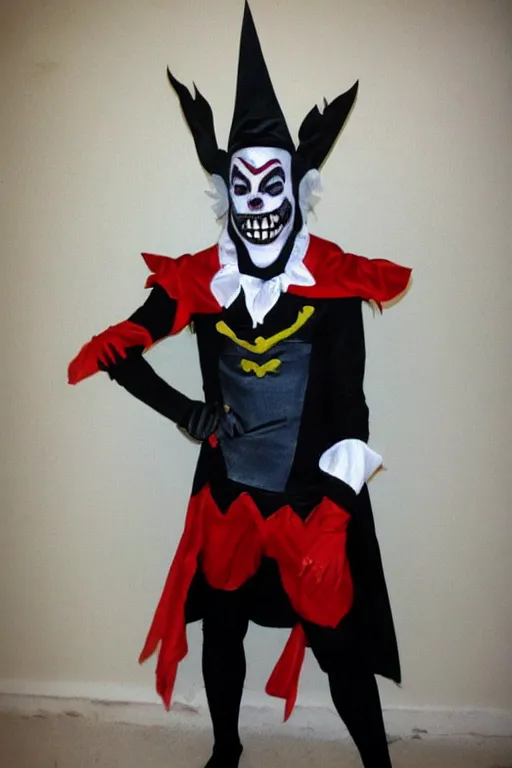 Image similar to scary dark jester halloween costume, best of halloweencostumes, man in a jester costume,