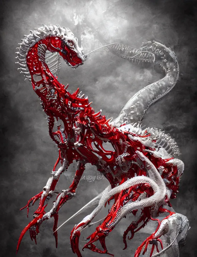 Image similar to legendary white dragon, red biomechanical details, wearing epic bionic cyborg implants, inflateble shapes, wires, tubes, red veins, jellyfish, masterpiece, intricate, biopunk, highly detailed, artstation, concept art, cottage core, cinematic focus, polaroid photo, bleached, vintage, high - key lighting, soft lights, foggy, by tarkovsky, 8 k