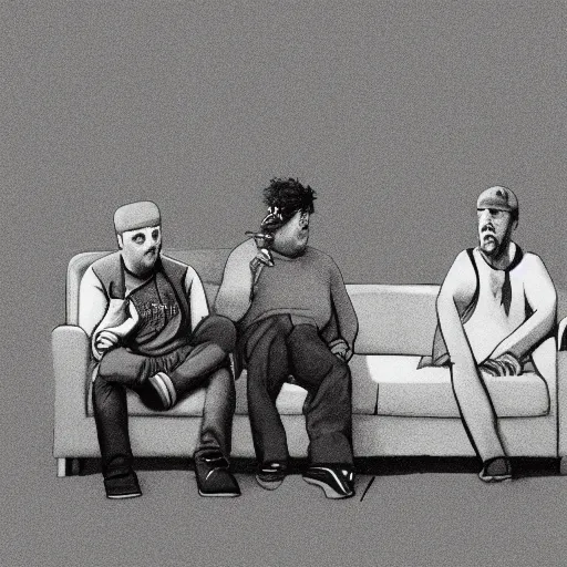 Image similar to 3 dudes sitting on a couch watching tv. smoking cigarettes, drinking cough syrup. pencil and ink drawing. high detail, 4 k, octane render,