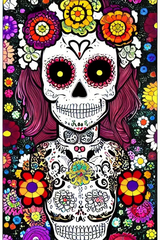 Prompt: illustration of a sugar skull day of the dead girl, art by takashi murakami