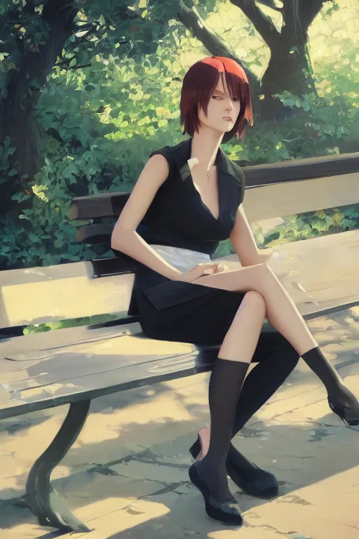 Image similar to A ultradetailed beautiful panting of a stylish woman siting on a park bench, Oil painting, by Ilya Kuvshinov, Greg Rutkowski and Makoto Shinkai