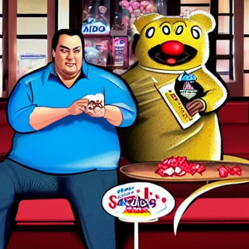 Image similar to obese steven seagal as sponsor of a sugary cereal called aikidos! with hideous cartoon rat mascot