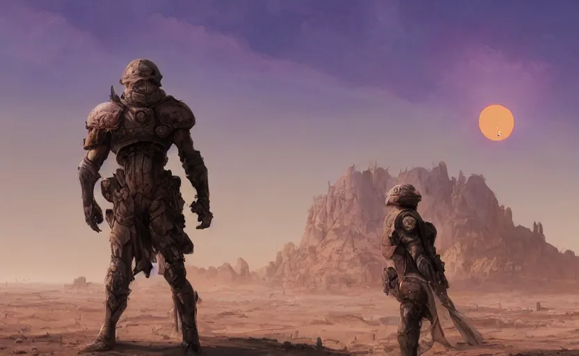 Image similar to detailed concept illustration, matte painting, strong muscular older soldier roaming through desert with city in the skyline, two suns, purple sky orange colors, ant aliens at the horizon, sharp focus, illustration, highly detailed, digital painting, concept art, matte, art by wlop and artgerm and greg rutkowski, masterpiece